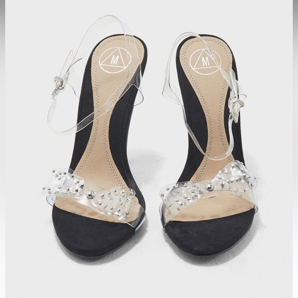 Missguided clear Perspex bow rhinestone ankle strap sandals heels black suede - Picture 8 of 10